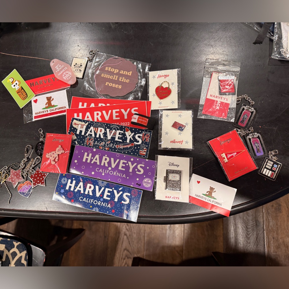 (Bag #2) Various Harveys Pins, stickers, purse charms, patch and air freshener